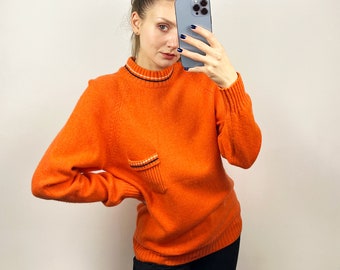 Vintage Orange Wool Knit Sweater, Pullover Sweater