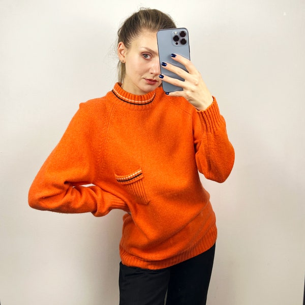 Vintage Orange Wool Knit Sweater, Pullover Sweater