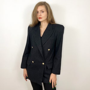Vintage Grey Wool Blazer, Italian Women&#39;s Double Breasted suit jacket