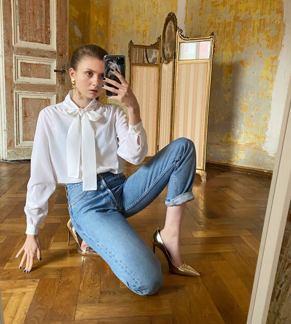 Vintage White Pussy Bow Blouse, White Tie Neck Top