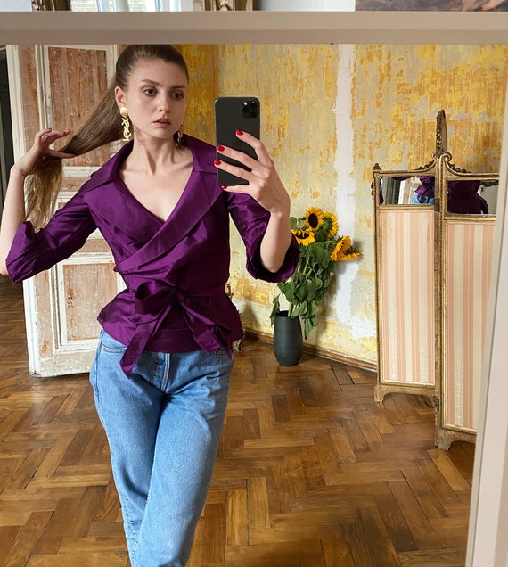 Vintage Wrap Top, Purple Silk Blouse