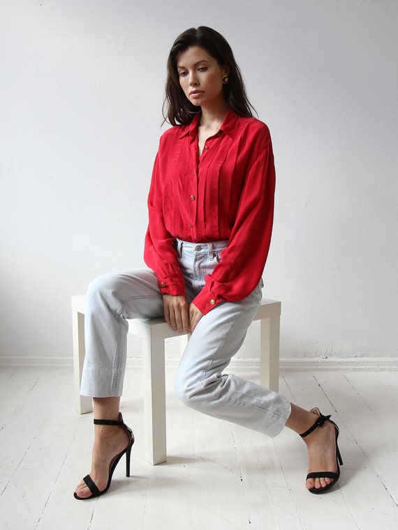 Vintage Red Silk Blouse, Long Sleeve Top