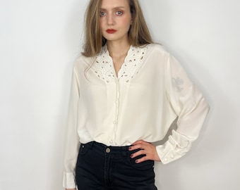 Vintage White Silk Blouse with Embroidery and Pearls, White Silk Shirt