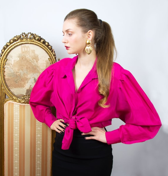 Vintage Pink Silk Blouse, Oversized Fuchsia Long S