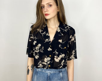 Vintage Black Sheer Floral Blouse, Chiffon Short Sleeve Blouse, Button Up Floral shirt