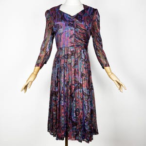 Vintage Silk Chiffon Pleated Midi Dress with Paisley pattern, 1970&#39;s Long Sleeve dress