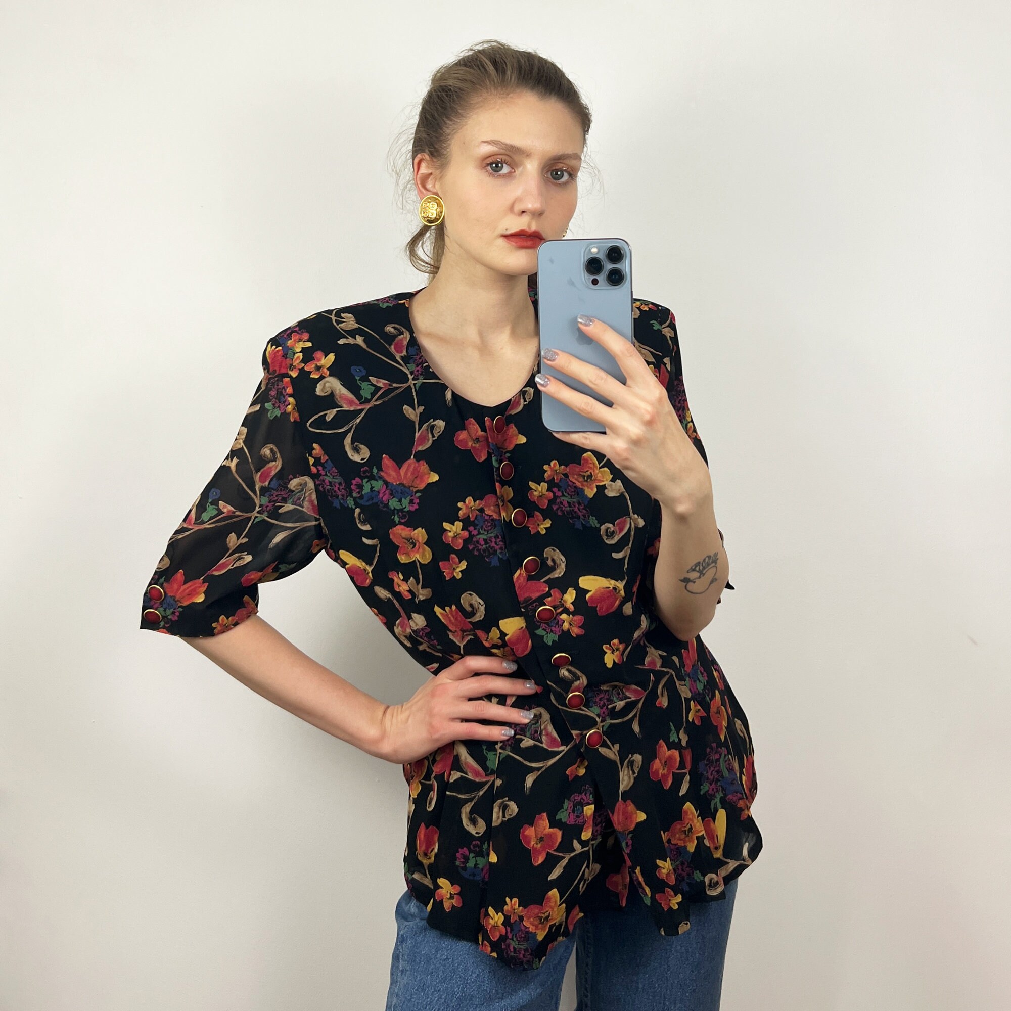 black floral chiffon blouse