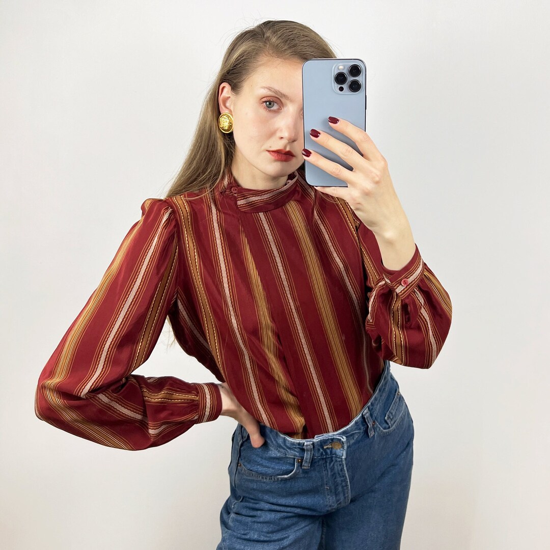 Red Silk Blouse with Black Collar main image 1