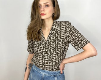 Vintage Silk Blouse, Italian Short Sleeve Button Up shirt