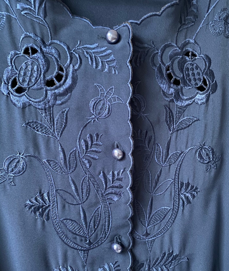 Vintage 80s Navy Blue Satin Blouse with Embroidery