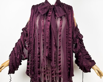 PLEIN SUD Burgundy silk cold shoulder blouse with pussybow collar, Semi sheer blouse
