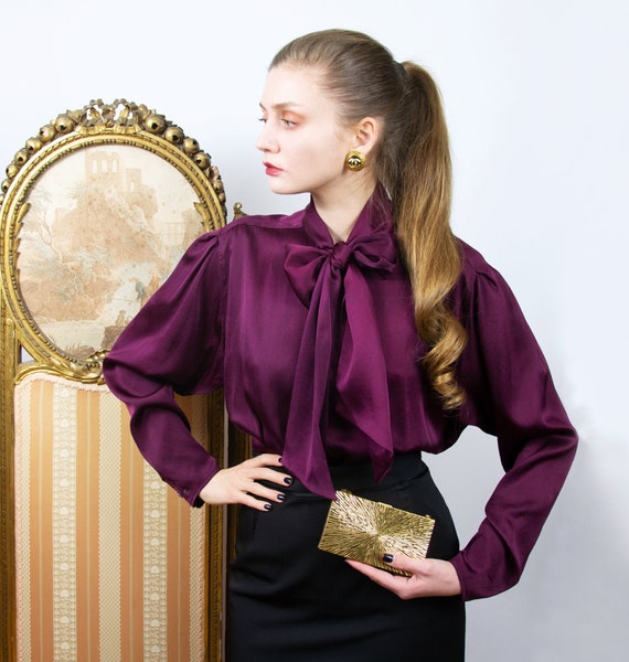 Vintage Silk Pussy Bow Blouse, Purple Silk Shirt,