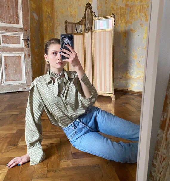 80s Satin Pussy Bow Blouse, Metallic Tie Collar Bl