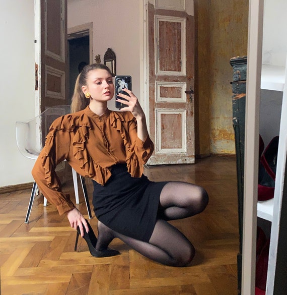 Vintage Ruffle Blouse, Brown Peasant Top