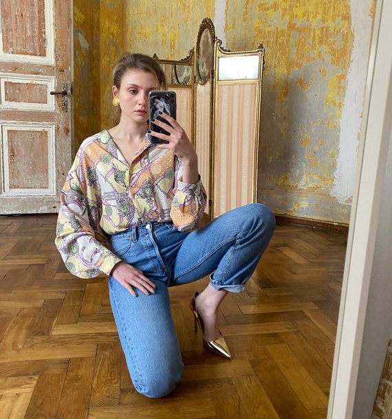 Vintage Silk Baroque Print Blouse, Novelty Print S