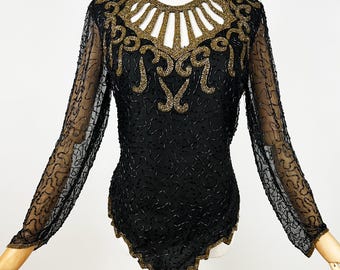 Vintage Beaded Silk top, Laurence Kazar Long sleeve Sheer Embroidered blouse