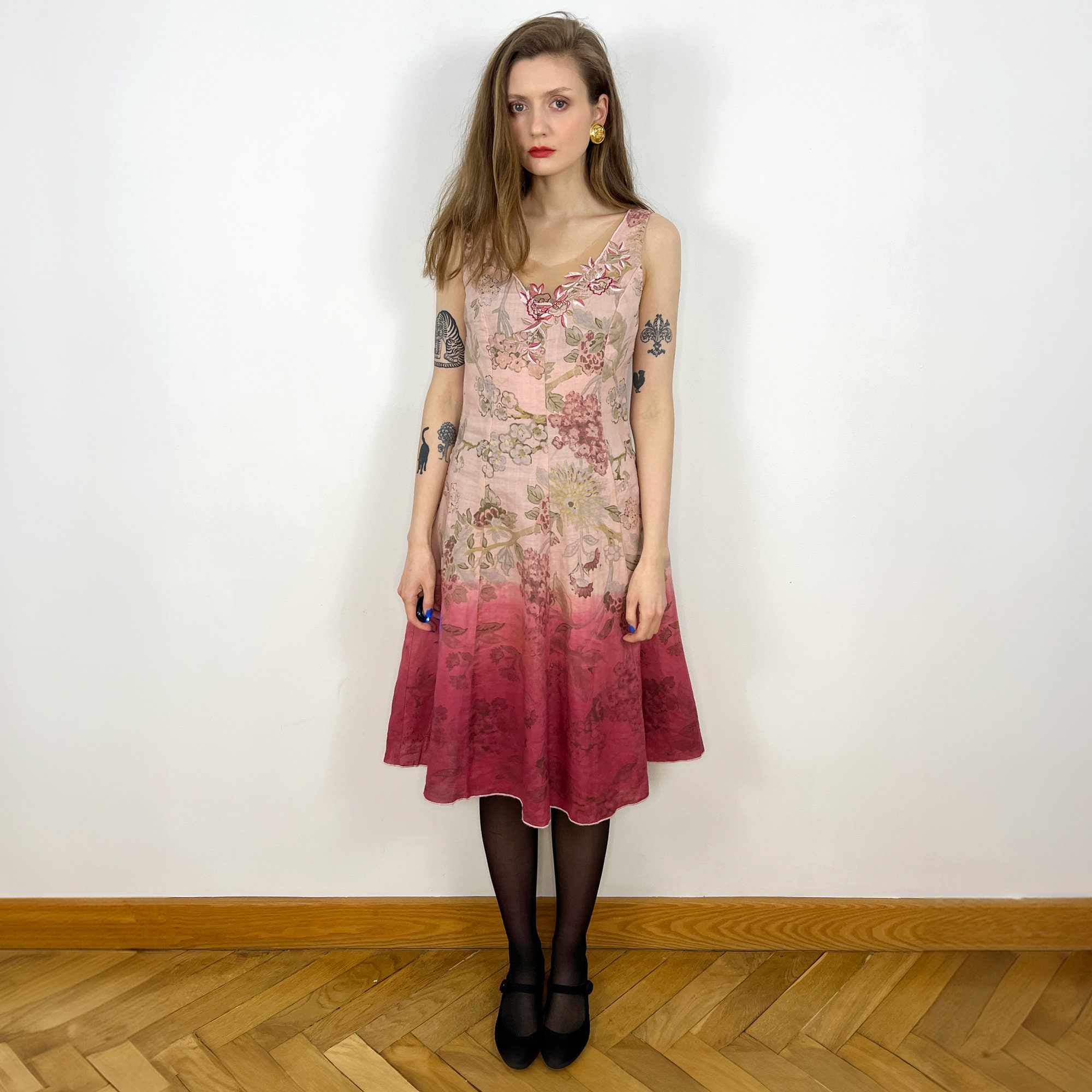 ワンピース A FERRETTI Silk dress with floral print Rosa Vintage SISLEY Dress, 100% Ramie Midi Dress, Sleeveless Pink