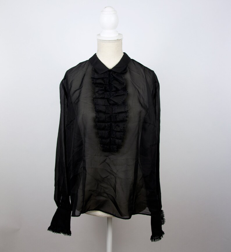Vintage Black Sheer Organza Blouse with Ruffles Classy Black Formal Blouse See Through Top with Jabot