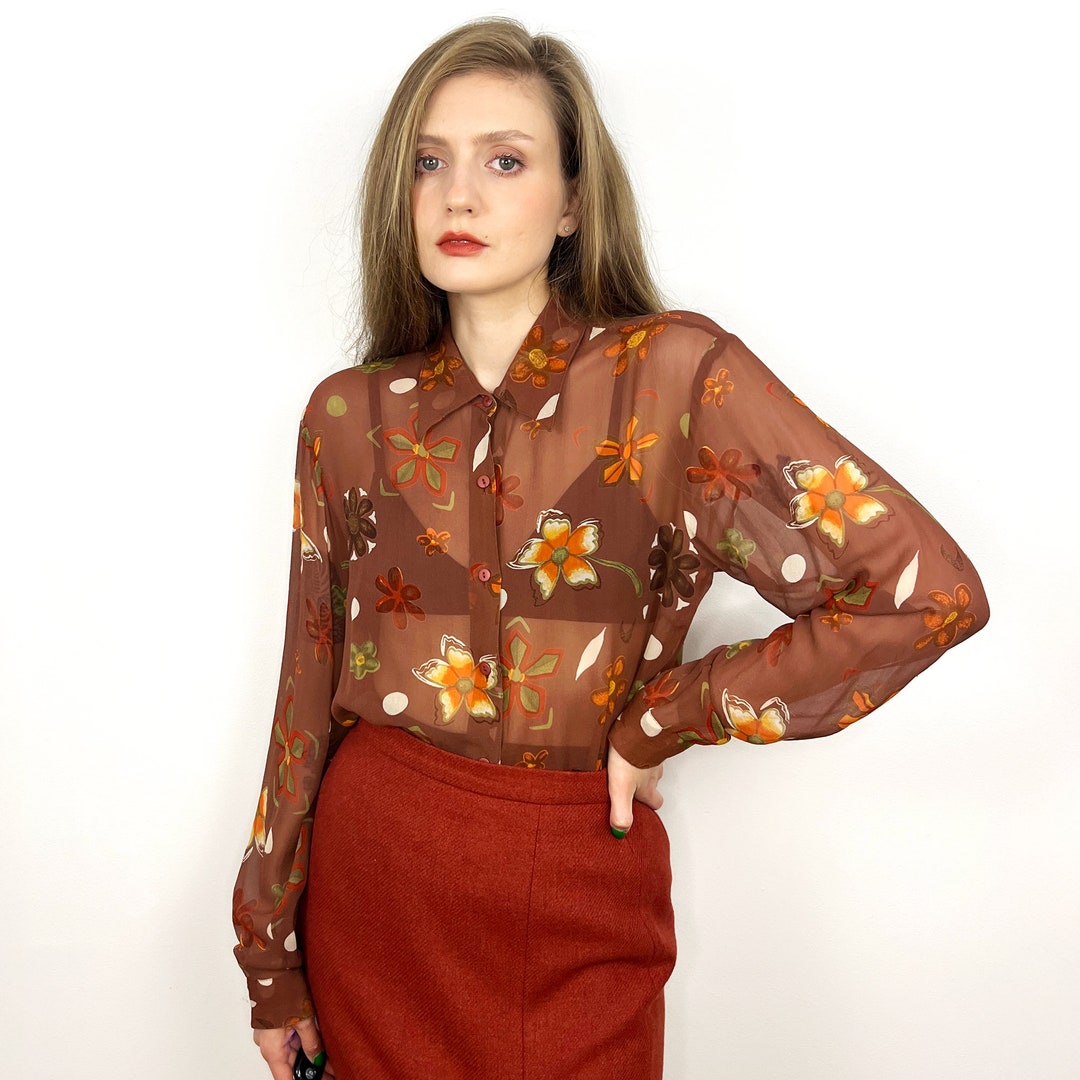 Vintage Earth Tone Pattern Sheer Blouse - M