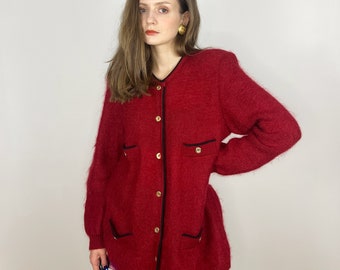 Vintage Red Mohair Cardigan, Oversized Mohair Sweater