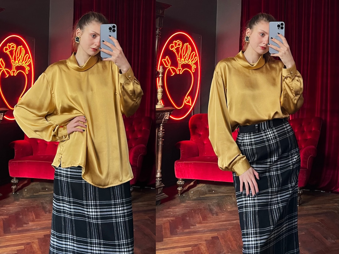 Vintage Mustard Yellow Satin Blouse Silky Blouse With High Etsy