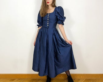 Vintage Navy Blue Silk Dress, Austrian Dress, Prairie Dress, Pure Silk Fit and Flare Dark Cottagecore dress