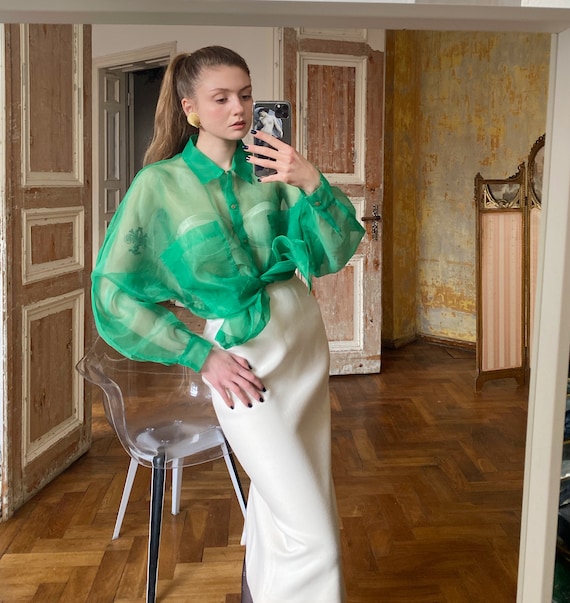 Vintage Green Sheer Blouse, Organza Shirt
