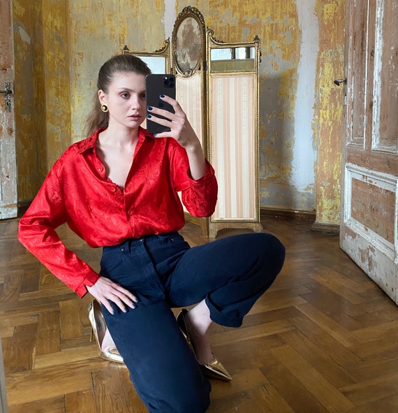 Vintage Red Satin Blouse, Floral Silky Long Sleeve