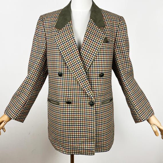 Vintage Plaid Wool Jacket, Double Breasted Pure New Wool Blazer