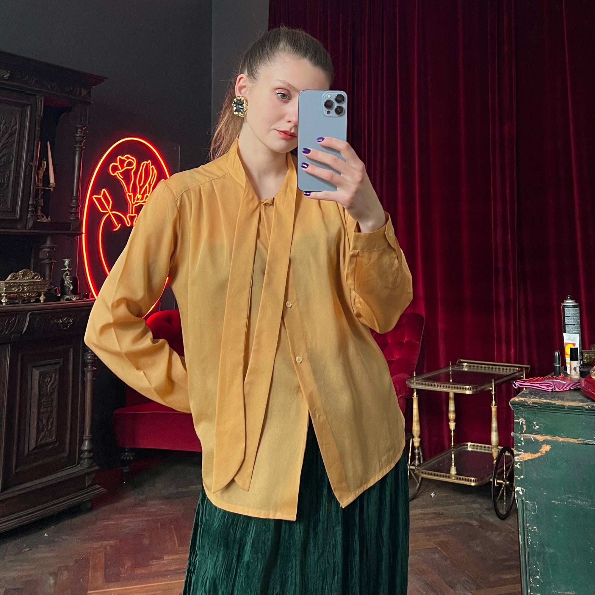 yellow pussybow blouse