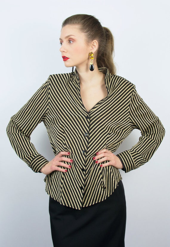 Vintage Black Gold Blouse | Gold Stripe Shirt | St