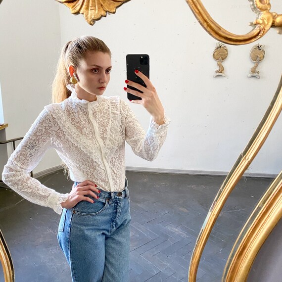 Vintage Edwardian style Blouse, White Lace Top