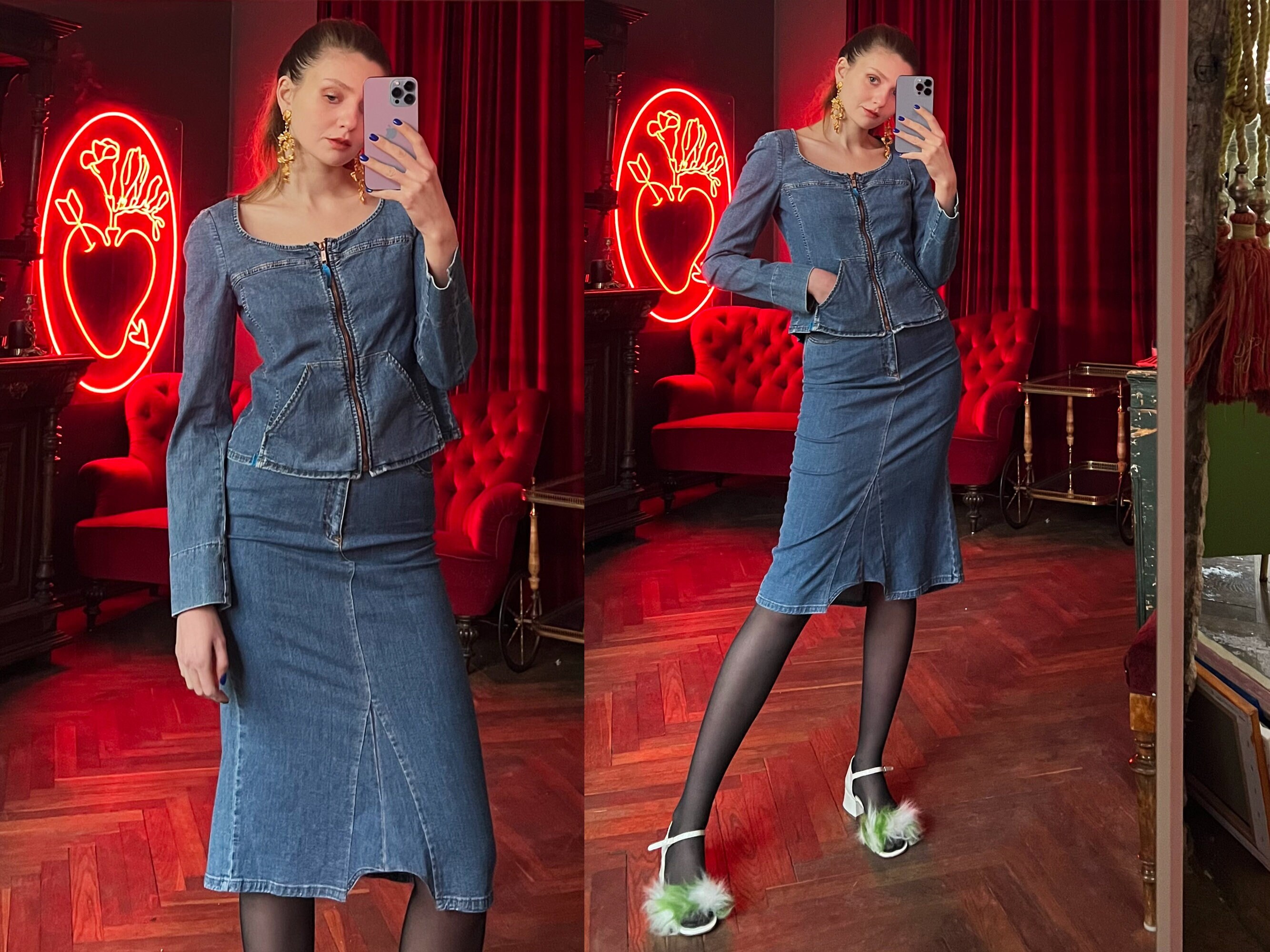 American Vintage Women Denim Levi's Skirt Custom Leather Flame Blue Red  Size 29 | eBay