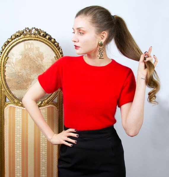 Vintage Short Sleeve Angora Sweater, Fuzzy Red Ang