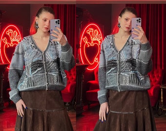 Cardigan en laine vintage, Pull Cardigan en laine italienne surdimensionné des années 80 avec broderie