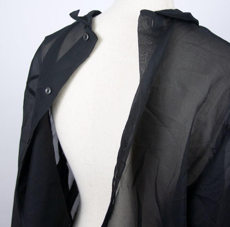 Vintage Black Sheer Organza Blouse with Ruffles Classy Black Formal Blouse See Through Top with Jabot
