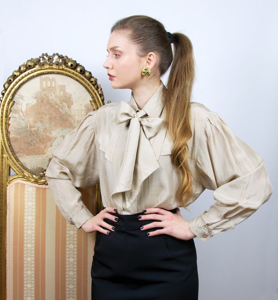 Vintage Silk Pussy Bow Blouse, Beige Silk Shirt, E