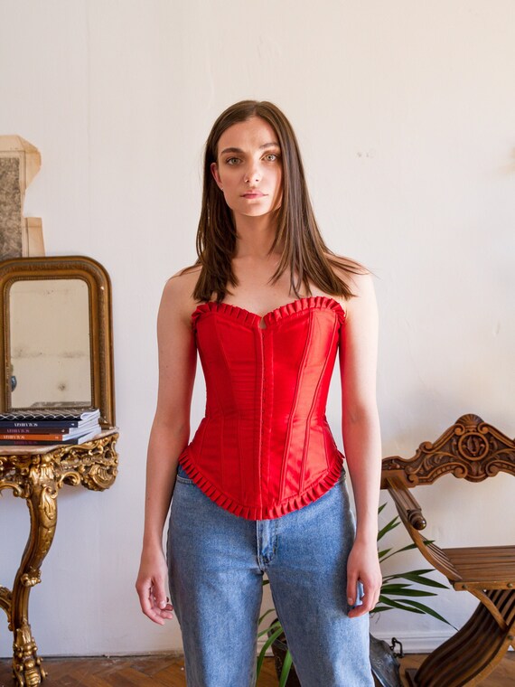 Vintage Red Satin Bustier Corset, Boned Overbust C