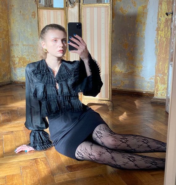 Vintage Roberto CAVALLI Ruffle Blouse, Black Silk