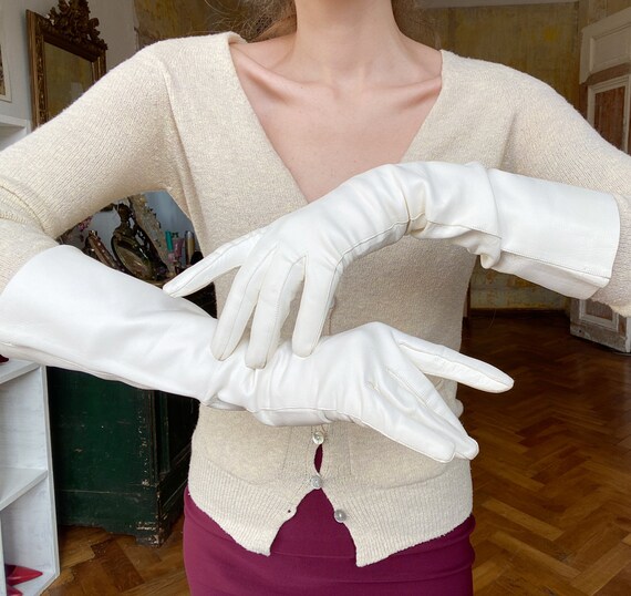 Vintage White Leather Gloves, Long Kidskin Ladies