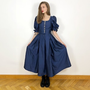 Vintage Navy Blue Silk Dress, Austrian Dress, Prairie Dress, Pure Silk Fit and Flare Dark Cottagecore dress zdjęcie 7