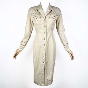 1990&#39;s Thierry MUGLER dress, Cream cotton long sleeve button down dress by Mugler