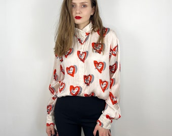 Vintage ESCADA Blouse, Silk button up shirt, Heart pattern blouse