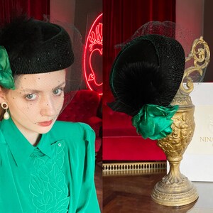 Sombrero de pastillero Vintage Nina RICCI en caja original Accesorios Sombreros y gorras Sombreros de vestir Sombreros pillbox sombrero fascinador Emerald Green Velvet 