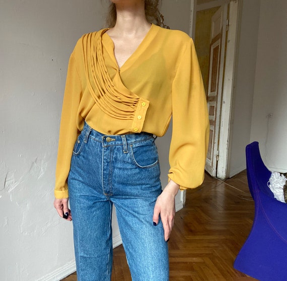 Vintage Yellow Blouse, Yellow Long Sleeve Shirt