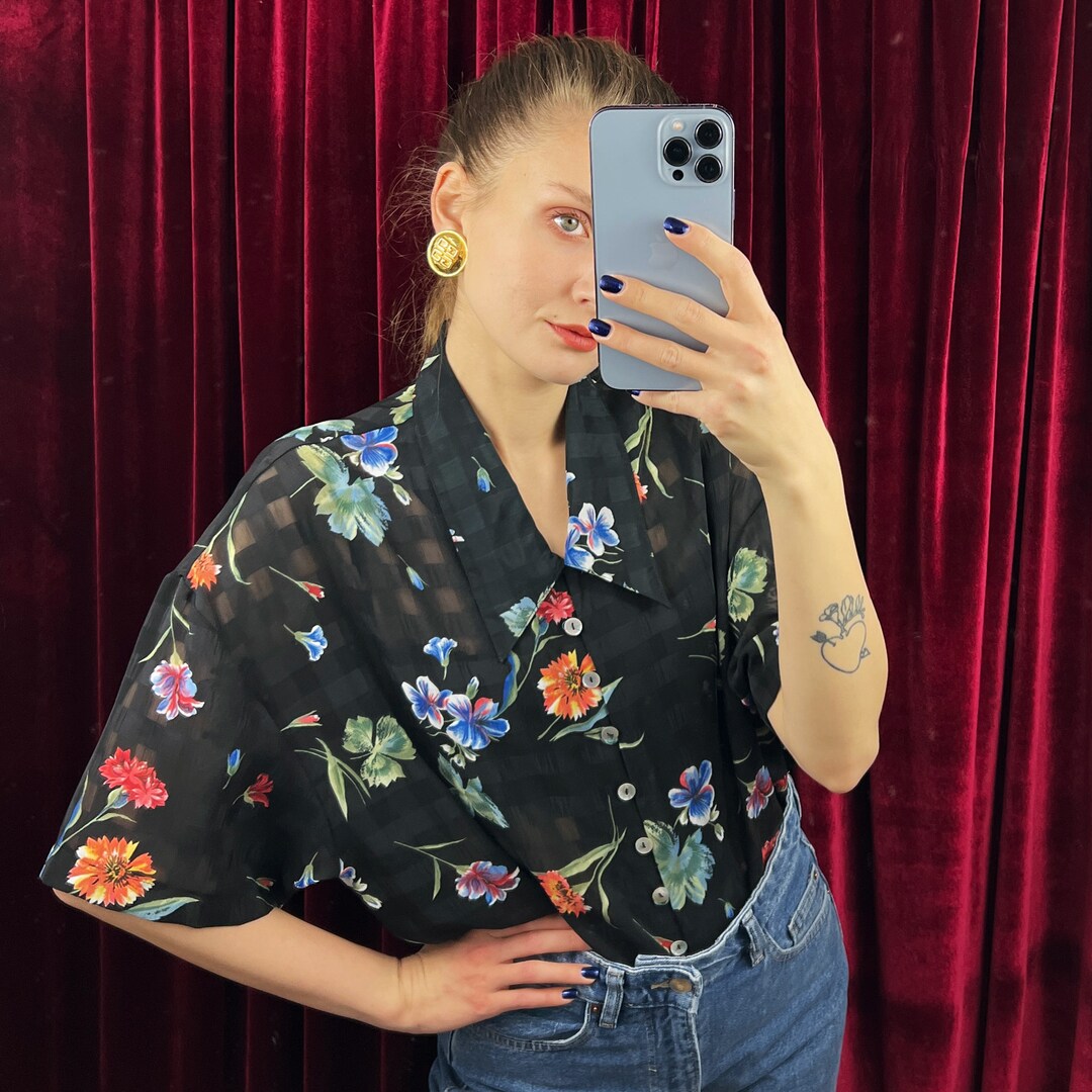 Vintage Black Sheer Floral Blouse Chiffon Short Sleeve Etsy