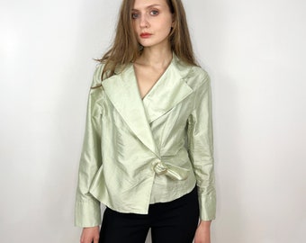 Chaqueta de seda de menta vintage, blazer envolvente de seda para mujer verde pastel