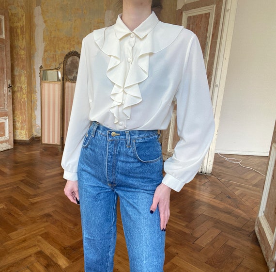 Vintage White Ruffle Blouse, Victorian Blouse