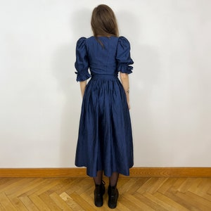 Vintage Navy Blue Silk Dress, Austrian Dress, Prairie Dress, Pure Silk Fit and Flare Dark Cottagecore dress zdjęcie 6