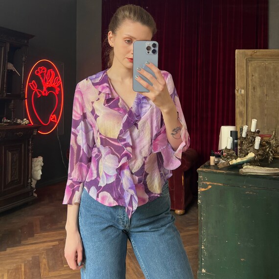 Vintage Button Up Chiffon blouse with ruffles and… - image 2